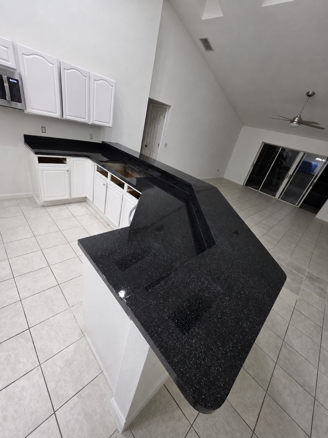 Wide view of finished black countertops